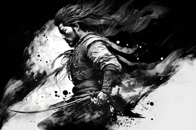 fundo ilustrado de samurai realista, ilustração de samurai em preto e branco