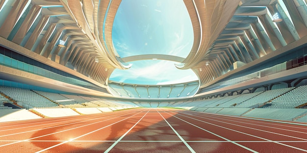 Fundo ilustrado de um estádio com tema esportivo com vista para a linha de chegada das pistas
