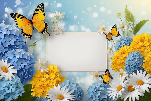 Fundo incrível com hortênsias e margaridas flores amarelas e azuis em um branco em branco cartão floral natureza borboletas bokeh