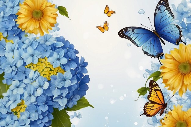 Foto fundo incrível com hortênsias e margaridas flores amarelas e azuis em um branco em branco cartão floral natureza borboletas bokeh