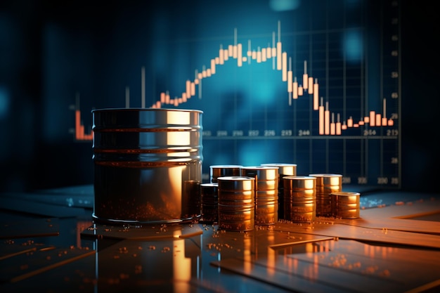 Fundo industrial com gráfico de preços do petróleo com barril 3D e seta de crescimento