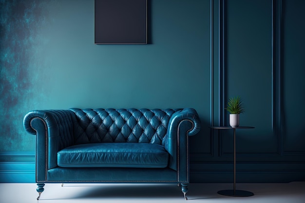 Fundo interior de uma sala de estar com um sofá de couro e uma parede azul profundo