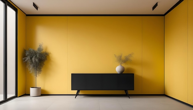 Fundo interior minimalista com armário preto e parede amarela