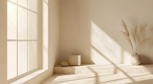 Fundo interior minimalista e moderno da sala de estar com janela que deixa entrar luz