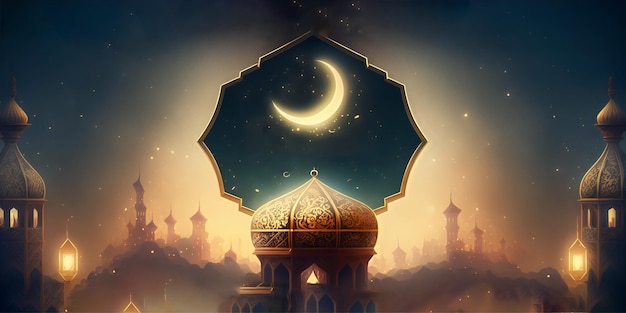 Fundo islâmico com lua crescente pode ser usado para cartazes, banners, cartões e muito mais