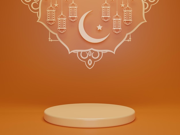 Fundo islâmico de saudação de Ramadan Kareem com pódio de lanterna de mesquita de ouro 3d e ornamentos crescentes