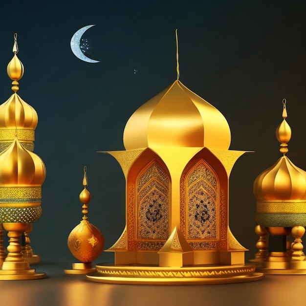 Fundo islâmico de saudação de Ramadan Kareem com pódio de lanterna de mesquita de ouro 3d e ornamentos crescentes