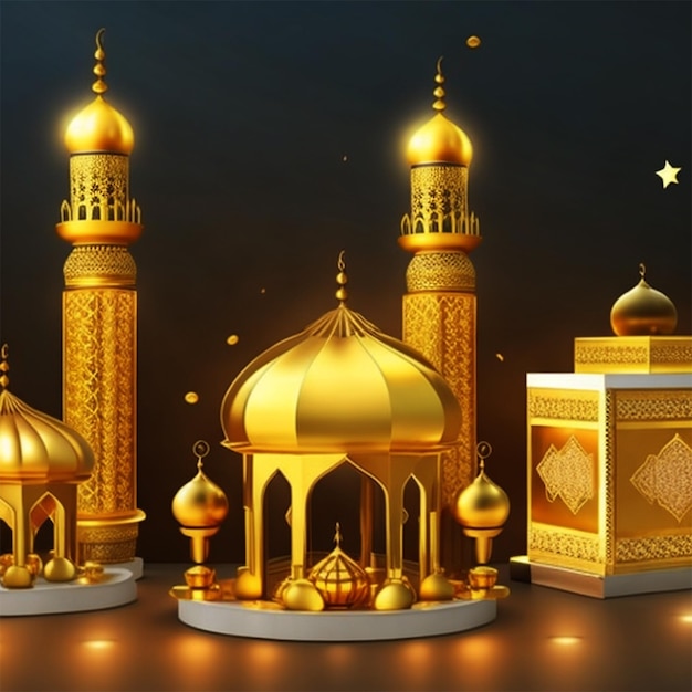 Fundo islâmico de saudação de Ramadan Kareem com pódio de lanterna de mesquita de ouro 3d e ornamentos crescentes