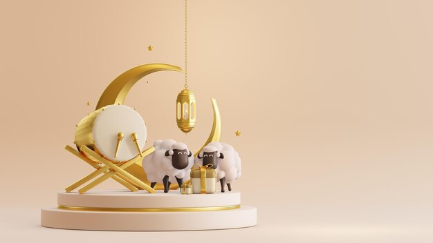 Foto fundo islâmico eid al adha com lanterna e ilustração 3d de ovelhas