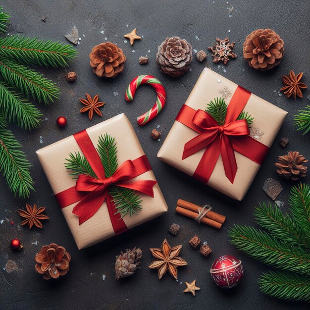 Fundo isolado de Natal com dois ramos de abeto e cones de presentes embalados