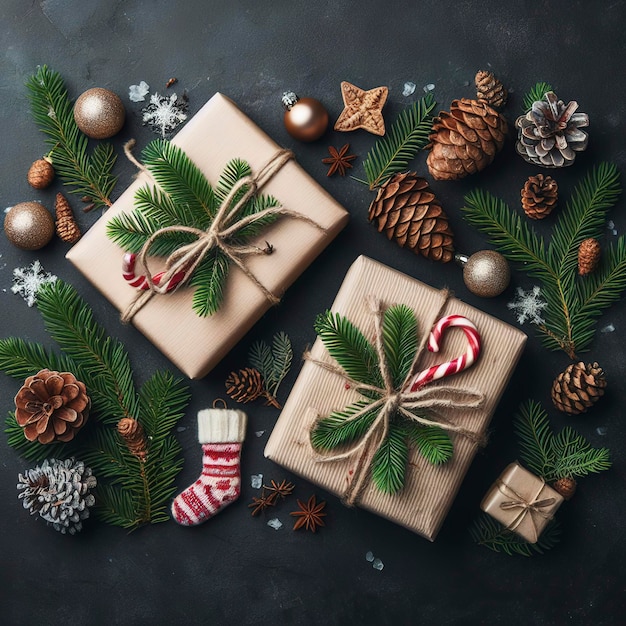 Fundo isolado de Natal com dois ramos de abeto e cones de presentes embalados