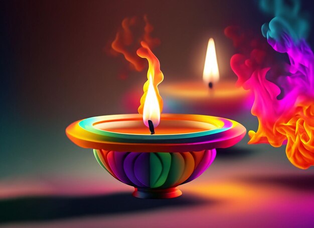 Fundo lampdiya de Diwali com bela chama e fumaça colorida Conceito feliz de Diwali