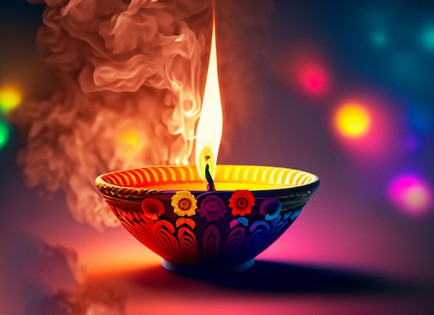 Fundo lampdiya de Diwali com bela chama e fumaça colorida Conceito feliz de Diwali