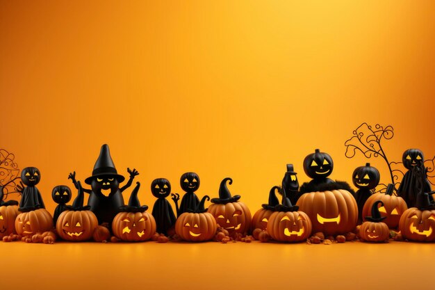 Fundo laranja de Halloween com design simples de personagens essenciais com espaço de cópia