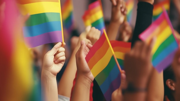 Fundo LGBTQ com mãos de pessoas acenando bandeiras de arco-íris comemorando o mês do orgulho