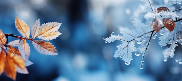 Fundo luxuoso de inverno com geada e gelo em galhos de árvores com folhas murchas em fundo desfocado