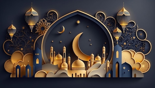 Fundo luxuoso do Ramadã em ouro e cor azul escuro Generative AI