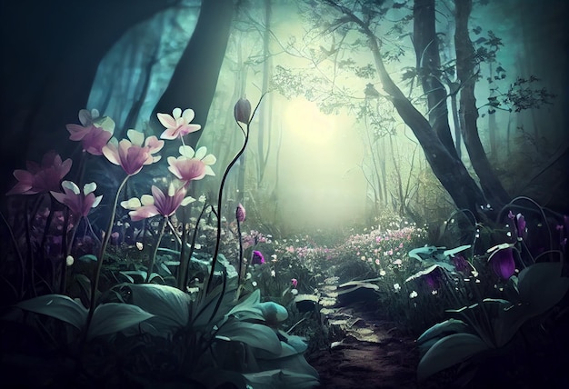 Fundo mágico da floresta da paisagem da fantasia da foto com flor grande Gerar Ai