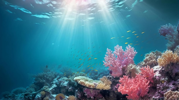Fundo marinho tropical azul subaquático com recife e raio de sol gerado por ai