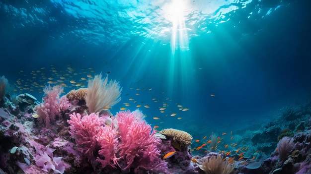 Fundo marinho tropical azul subaquático com recife e raio de sol gerado por ai