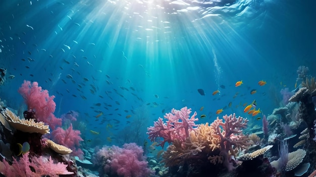 Fundo marinho tropical azul subaquático com recife e raio de sol gerado por ai