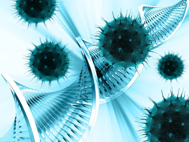 Fundo médico 3D com células de vírus que atacam a cadeia de DNA