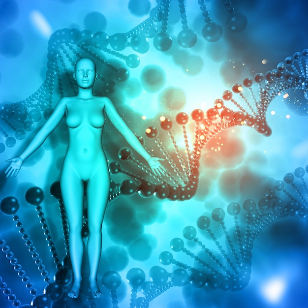 Foto fundo médico 3d com figura feminina em cadeias de dna