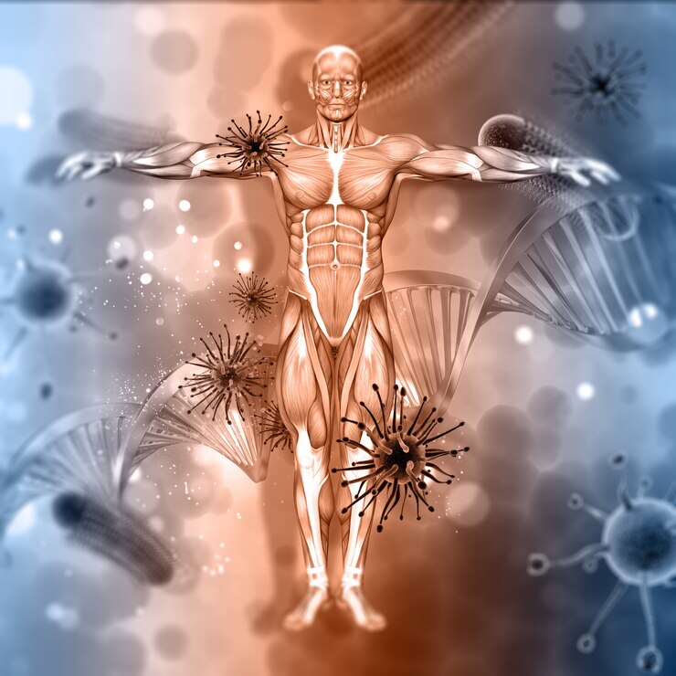 Foto fundo médico 3d com figura masculina com células de vírus e dna strand