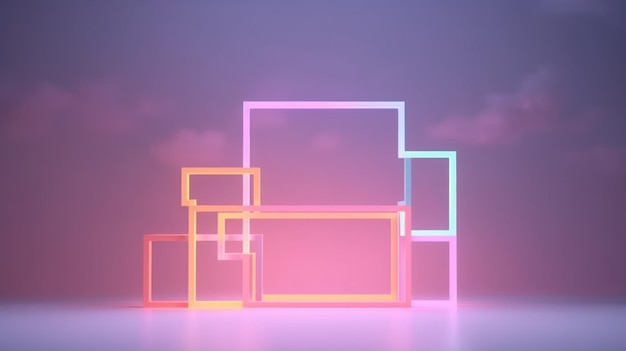 fundo minimalista abstrato de nuvem pastel e moldura quadrada linear em branco brilhando com luz neon