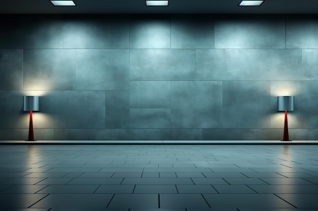 Fundo minimalista com uma bela parede cinza-azul com colunas de iluminação laterais