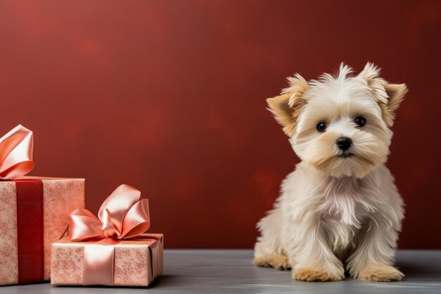 Fundo minimalista de arranjo de presentes para cães de Natal com espaço vazio para texto