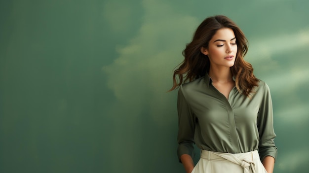 Fundo minimalista verde da moda com garota modelo