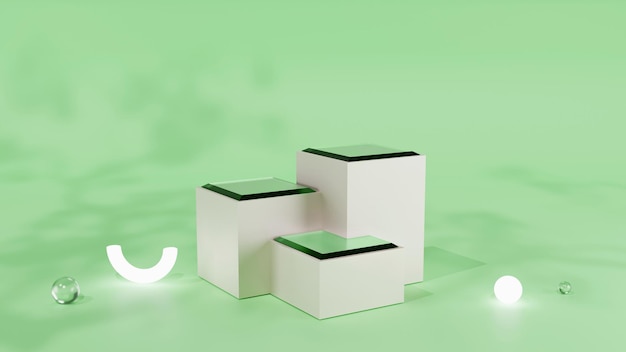 Fundo mínimo pódio de três cubos na renderização 3D de fundo verde