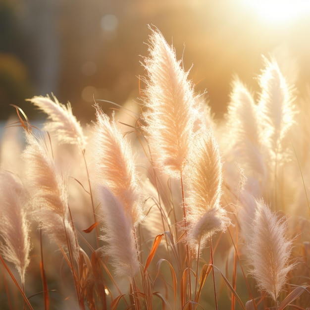 Fundo natural abstrato de plantas macias Cortaderia selloana Grama dos pampas em um bokeh embaçado Palhetas secas estilo boho Caules fofos de grama alta ai generative