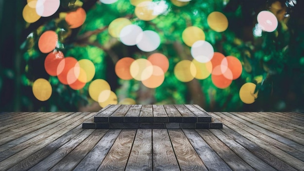 Fundo natural estético com efeito azul bokeh com pódio de chão de prancha de madeira para exibição de produtos