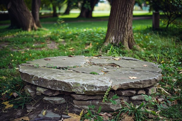 Fundo natural para a apresentação do produto com plataforma de pedra e árvores ao fundo