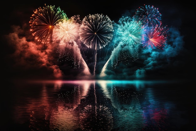 Fundo noturno de uma exibição colorida de fogos de artifício para um aniversário