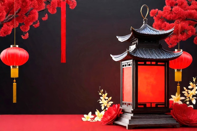 Fundo oriental abstrato cartão de ano novo chinês em vermelho com lanternas penduradas