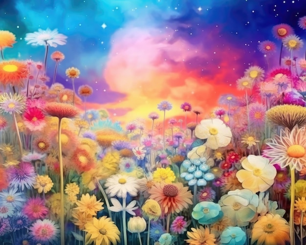 Fundo panorâmico de prado floral abstrato em cores vibrantes Generative AI