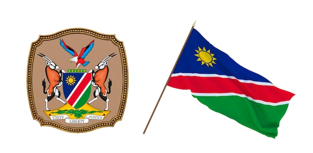 Fundo para editores e designers Ilustração 3D de feriado nacional Bandeira e o brasão de armas da Namíbia