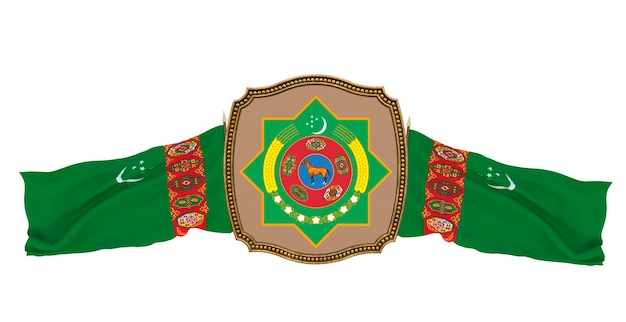 Fundo para editores e designers Ilustração 3D de feriado nacional Bandeira e o brasão de armas do Turcomenistão