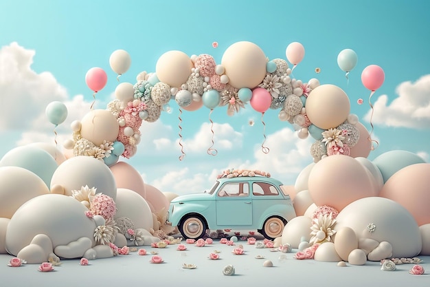 Fundo para fotógrafos um arco de balões um carro retro em cores pastel