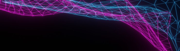 Fundo parcialmente desfocado abstrato, grade poligonal de cores rosa e azuis neon sobre fundo preto. Copie o espaço. Bandeira. 3d render