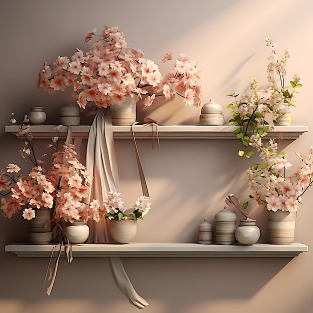 fundo parede coberta de tecido com uma prateleira de flores em vaso materiais populares aconchegantes e criativos