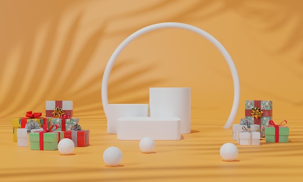 Fundo pastel cosmético de cena mínima abstrata com caixa de presente para apresentação do produto Tropical deixa sombra natural no fundo da parede renderização em 3d