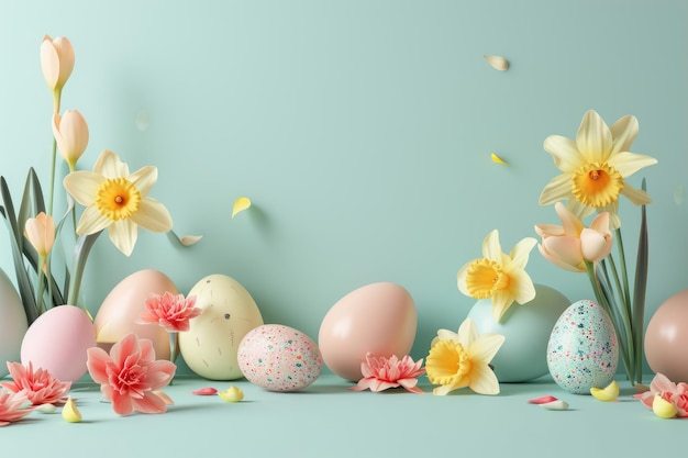 Foto fundo pastel de páscoa com ovos de páscoa coloridos e narcisos