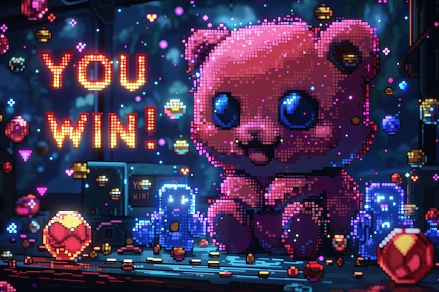 Foto fundo pixelado no estilo de um videogame vintage com a inscrição you win