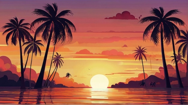 Foto fundo plano do pôr-do-sol com palmeiras fundo de verão