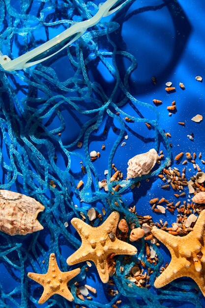 Fundo plano leigo com conchas de estrelas do mar na textura de água azul com luz solar