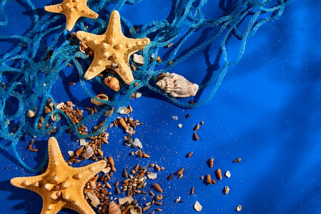 Fundo plano leigo com conchas de estrelas do mar na textura de água azul com luz solar